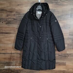 Calvin Klein Down Hooded Puffer Parka Coat Jacket LP Zip Pockets Black NWOT